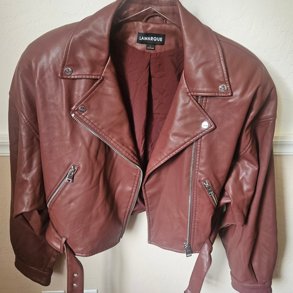 Lamarque Women's Mahogany Brown Dani Moto Jacket Large Cropped Belted Fall - Picture 11 of 14